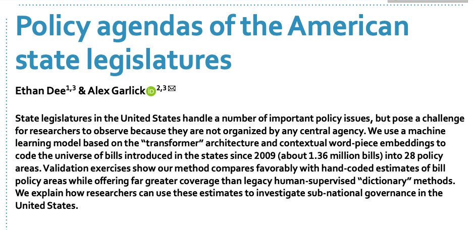 Here's a treat for state politics and policy researchers. Ethan Dee and I published a dataset in Nature: Scientific Data with 1.36 million state legislative bills since ~2009 coded by 28 policy areas. We used a machine learning model built off open source components.
