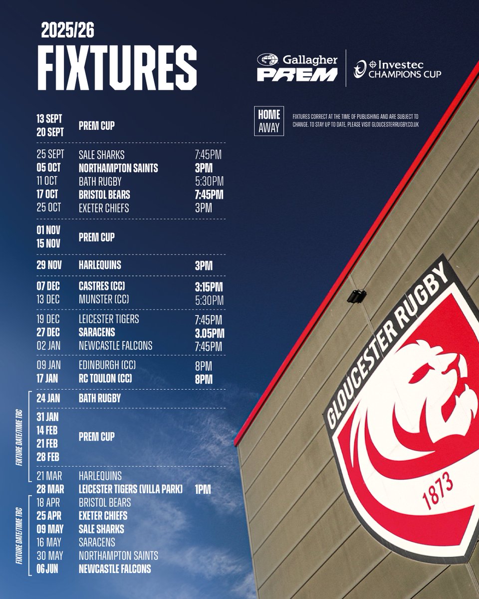 🥁 𝗛𝗘𝗥𝗘 𝗧𝗛𝗘𝗬 𝗔𝗥𝗘...

Our 2025/26 #GallagherPREM fixtures. 📋

🦈 Thursday night lights opener.
💫 Festive fixture with Sarries at Kingsholm.
🏟️ Villa Park for #TheSlaterCup!

Read more 👉 bit.ly/4nZrkh2