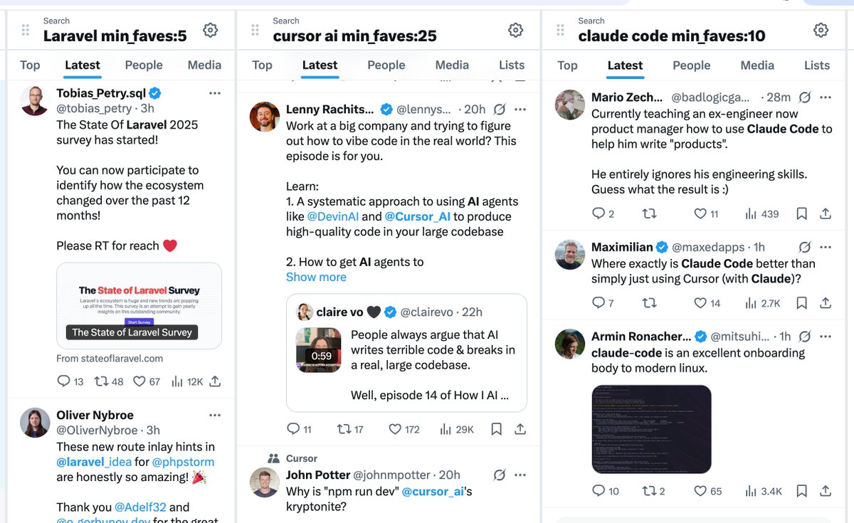 PovilasKorop's tweet image. This is how I read Twitter.
I don't see the actual feed.
I don't even follow (that many) people.
I make columns in X Pro (formerly TweetDeck) with TOPICS that I want to follow.
With minimum amount of Likes, to filter out the noise/spam.