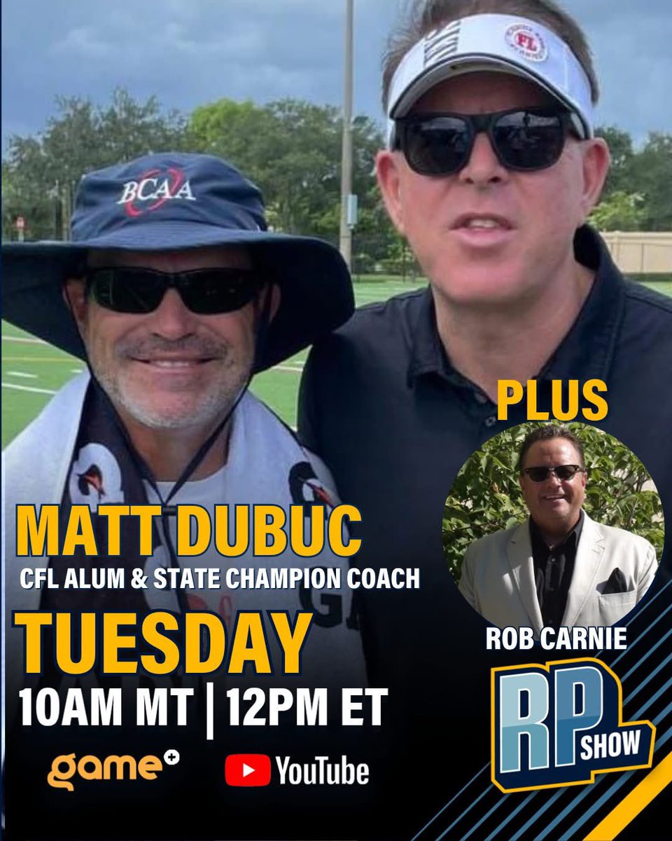 The Rod Pedersen Show (@rodpedersenshow) on Twitter photo π TUESDAY ON THE RP SHOW!
Weβre talking football & more with:
π₯ Matt Dubuc β CFL alum & State Champion Coach
ποΈ Rob Carnie β Veteran broadcaster
πΊ Tune in LIVE at 10am MT / 12pm ET
π‘ Watch on <a href="/GamePlusNetwork/">Game+ Network</a> or stream it here: youtube.com/live/QsWhMlg5iβ¦
<a href="/Boreinrac/">Rob Carnie</a> <a href="/Redskins32/">Matt DuBuc</a> π TUESDAY ON THE RP SHOW!
Weβre talking football & more with:
π₯ Matt Dubuc β CFL alum & State Champion Coach
ποΈ Rob Carnie β Veteran broadcaster
πΊ Tune in LIVE at 10am MT / 12pm ET
π‘ Watch on <a href="/GamePlusNetwork/">Game+ Network</a> or stream it here: youtube.com/live/QsWhMlg5iβ¦
<a href="/Boreinrac/">Rob Carnie</a> <a href="/Redskins32/">Matt DuBuc</a>