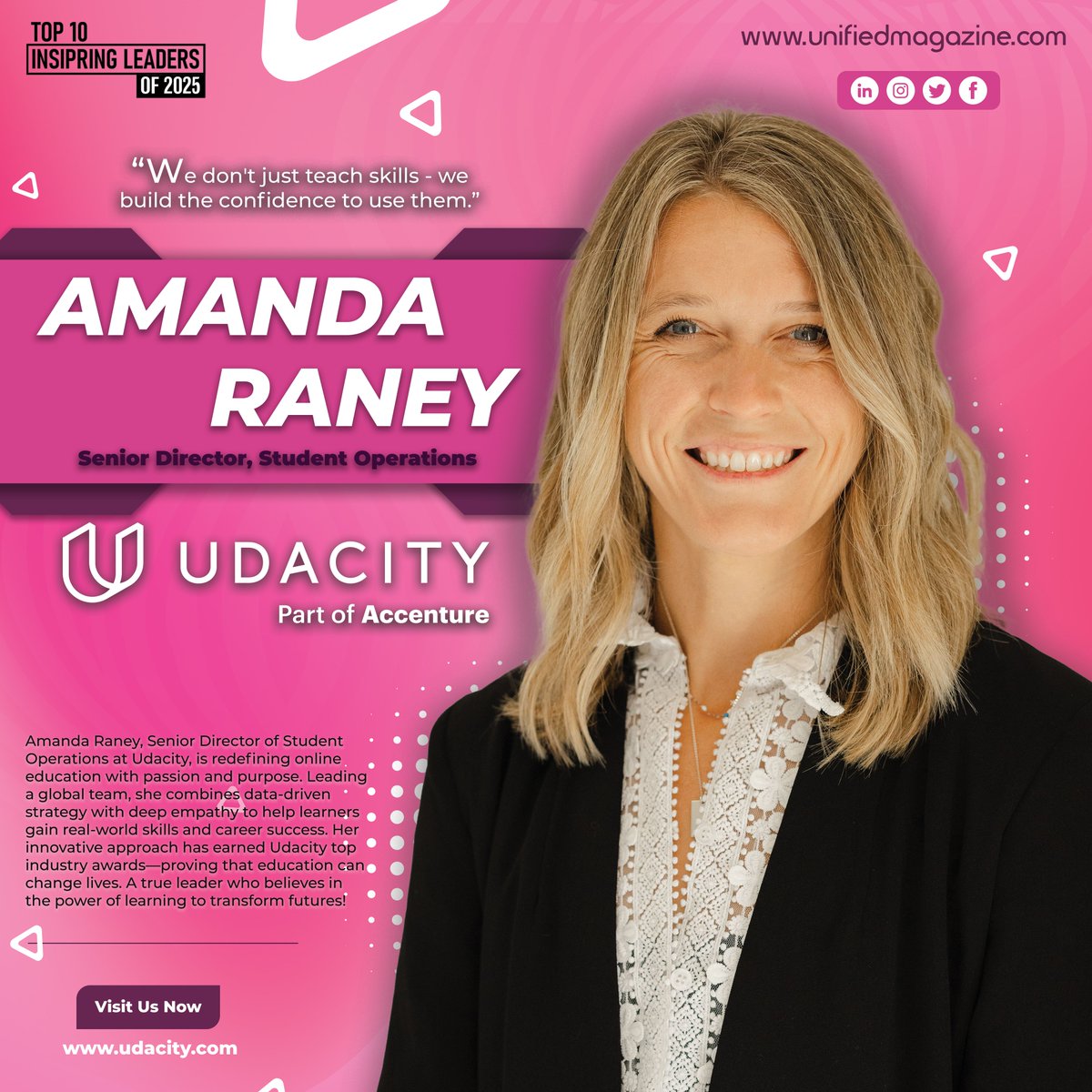 Unified_Mag's tweet image. 🚀 Meet Amanda Raney - @udacity Game-Changing Leader in Education Innovation!

&quot;We don&apos;t just teach skills - we build futures.&quot;

#EdTechLeader #FutureOfWork #WomenInTech #Business #Leadership #Innovation #EdTechInnovation #WomenInLeadership #OnlineLearning #CareerGrowth