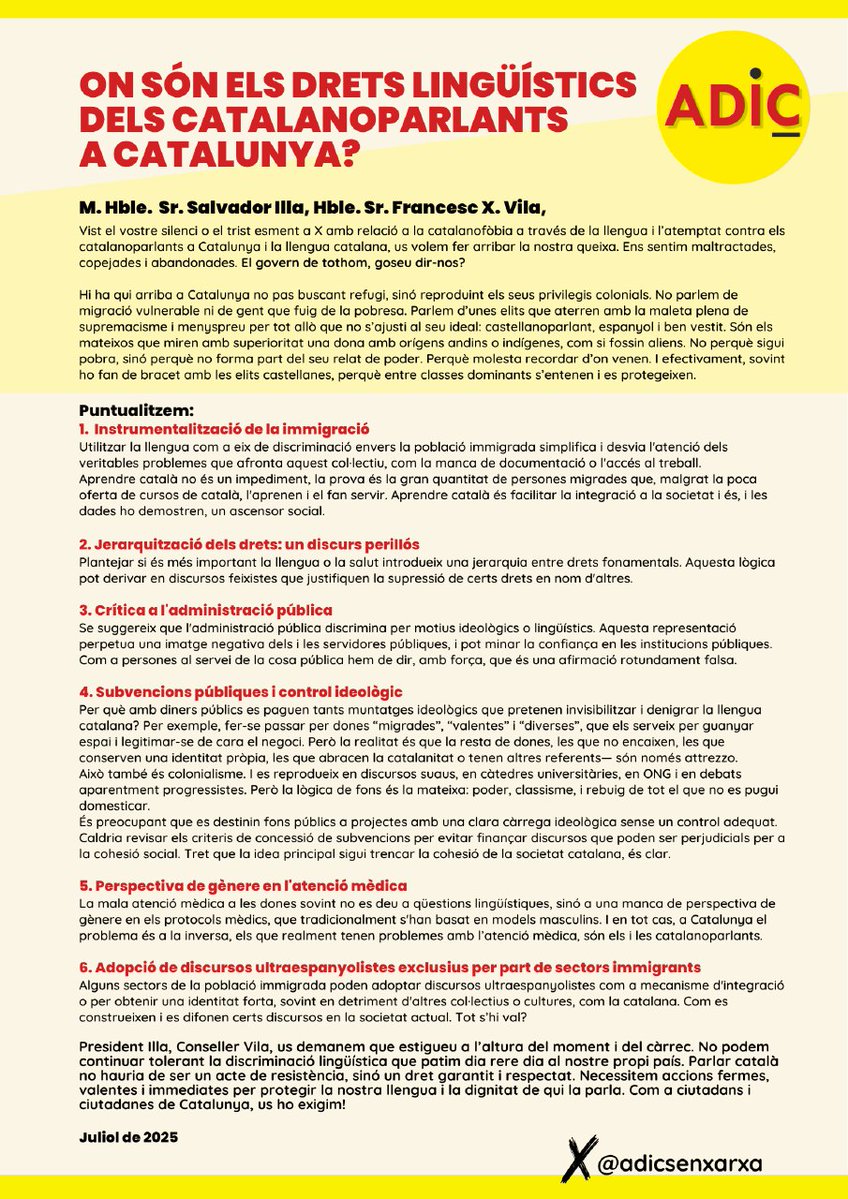 ADIC_Girona 🎗 (@adic_gir) on Twitter photo 🟡 Benvolguts <a href="/salvadorilla/">Salvador Illa Roca</a> <a href="/VilaFx/">F. Xavier Vila</a>
🗣️ Vist el vostre silenci amb relació a la catalanofòbia i l'odi contra els catalanoparlants a Catalunya, us fem arribar la nostra queixa.
💥 Ens sentim maltractades i abandonades.
❌ El govern de tothom, goseu dir⁉️
Llegiu 👇👇👇👇👇 🟡 Benvolguts <a href="/salvadorilla/">Salvador Illa Roca</a> <a href="/VilaFx/">F. Xavier Vila</a>
🗣️ Vist el vostre silenci amb relació a la catalanofòbia i l'odi contra els catalanoparlants a Catalunya, us fem arribar la nostra queixa.
💥 Ens sentim maltractades i abandonades.
❌ El govern de tothom, goseu dir⁉️
Llegiu 👇👇👇👇👇