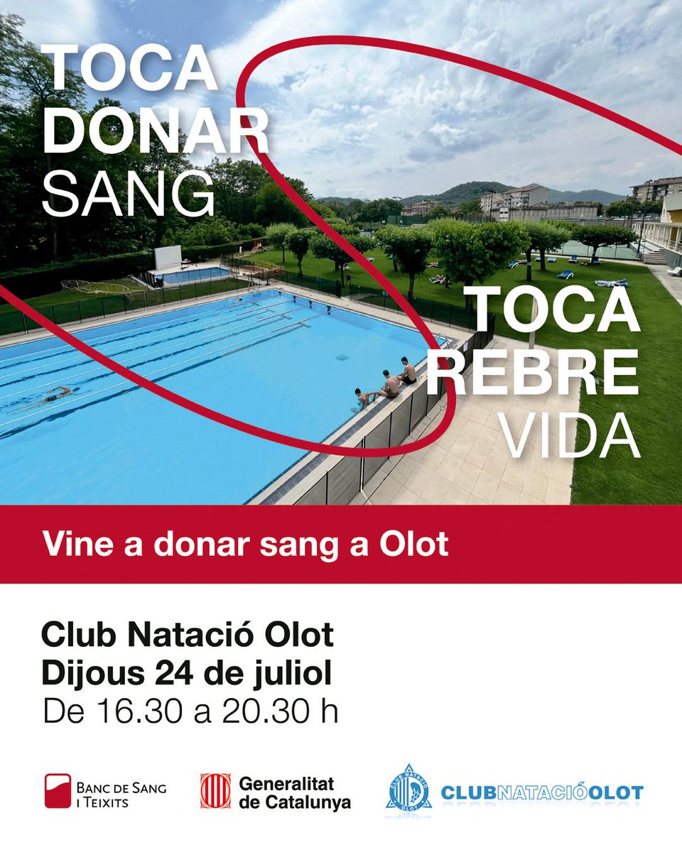 🩸 Aquest dijous, 𝟐𝟒/𝐉𝐔𝐋𝐈𝐎𝐋, dona sang al CN #Olot!
 
🗓️ A la sala social del bar del Club (obert a socis i no socis), de 16.30 a 20.30h

📲Reserva: bancsang.net/ca/donacions/s…

𝐅𝐞𝐦 𝐩𝐢𝐧𝐲𝐚 𝐩𝐞𝐫 𝐮𝐧𝐚 𝐛𝐨𝐧𝐚 𝐜𝐚𝐮𝐬𝐚❗

#LaGarrotxa <a href="/donantsangOlot/">DonantsSangGarrotxa</a> <a href="/donarsang/">Banc de Sang</a>