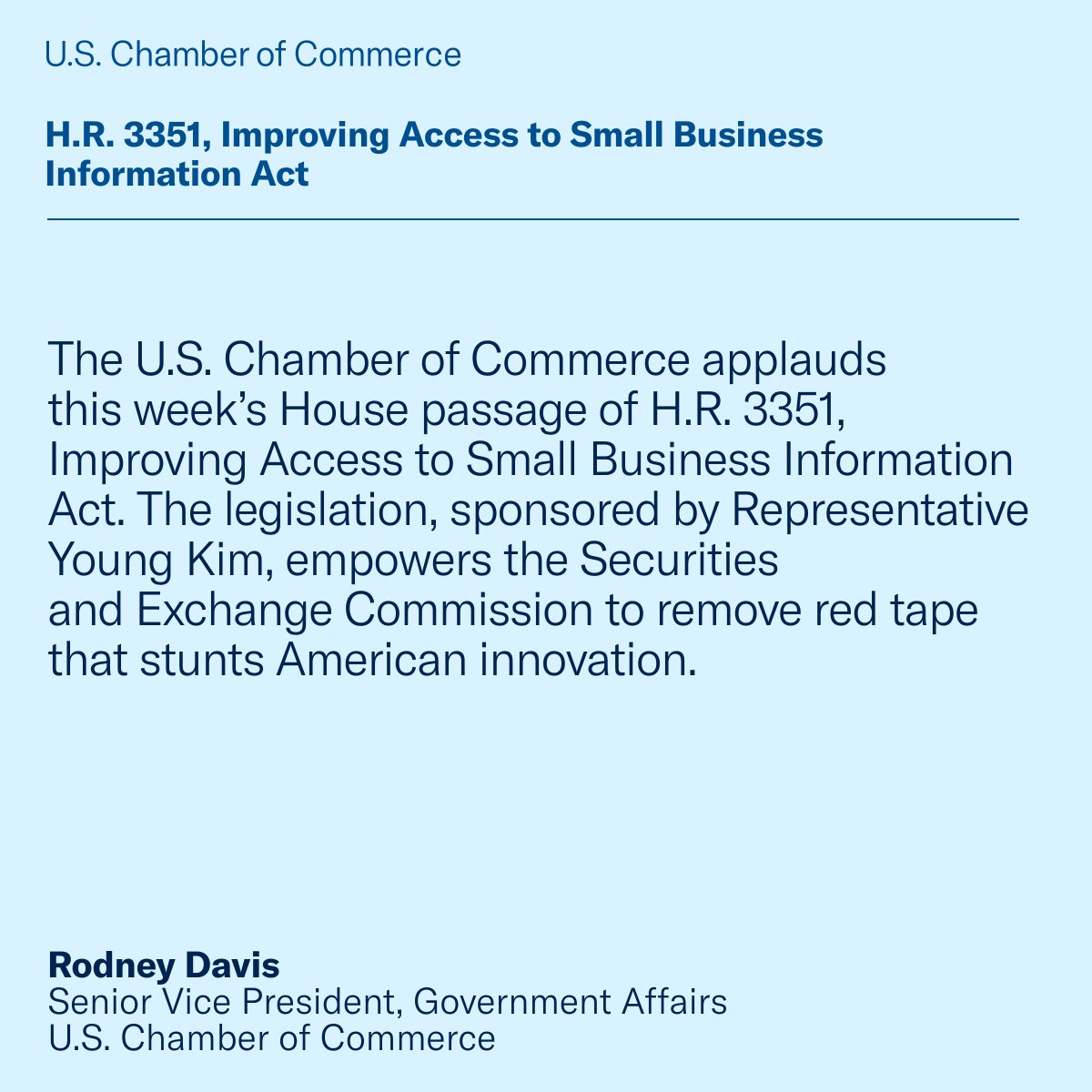 USChamber's tweet image. The U.S. Chamber of Commerce applauds @RepYoungKim for the passage of the Improving Access to Small Business Information Act. Her bipartisan leadership supports small businesses across America.