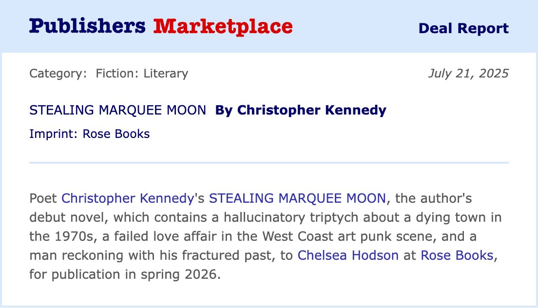 ChelseaHodson's tweet image. Coming from Rose Books in 2026: STEALING MARQUEE MOON, the debut novel from Christopher Kennedy. An incredible book!