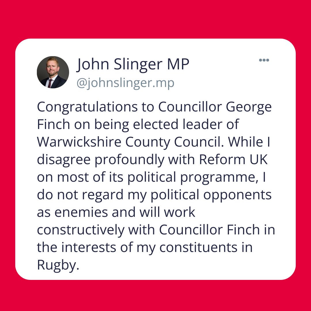 JohnSlinger's tweet image. Congratulations to Councillor @_GeorgeFinch on becoming Warwickshire County Council leader. Great to see young people in leadership.
While I disagree with Reform UK, I'll work constructively for Rugby residents whilst holding them to account. #Rugby