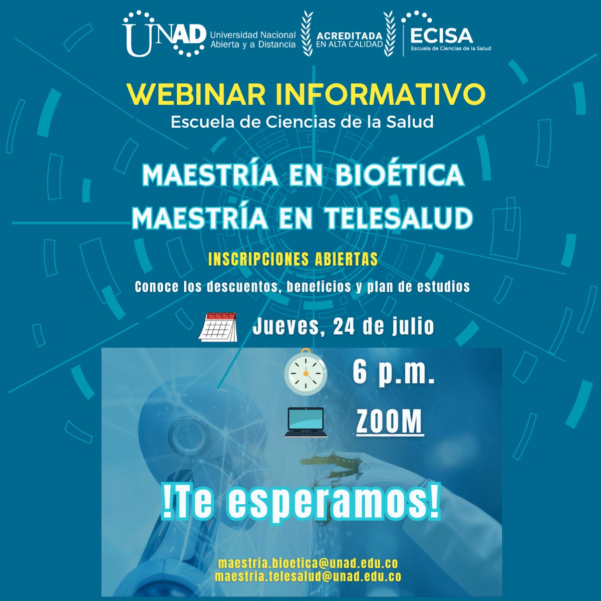Colegio Médico Colombiano (@colegiomedicoco) on Twitter photo 📢 Los invitamos a una sesión informativa para que conozcan la oferta de Maestrías de la Escuela de Ciencias de la Salud de la <a href="/UniversidadUNAD/">Universidad UNAD</a> 🩺
👉 Podrán plantear sus inquietudes y conocer todos los beneficios de descuento que tenemos para ustedes.
🗓️ Jueves, 24 de Julio 📢 Los invitamos a una sesión informativa para que conozcan la oferta de Maestrías de la Escuela de Ciencias de la Salud de la <a href="/UniversidadUNAD/">Universidad UNAD</a> 🩺
👉 Podrán plantear sus inquietudes y conocer todos los beneficios de descuento que tenemos para ustedes.
🗓️ Jueves, 24 de Julio