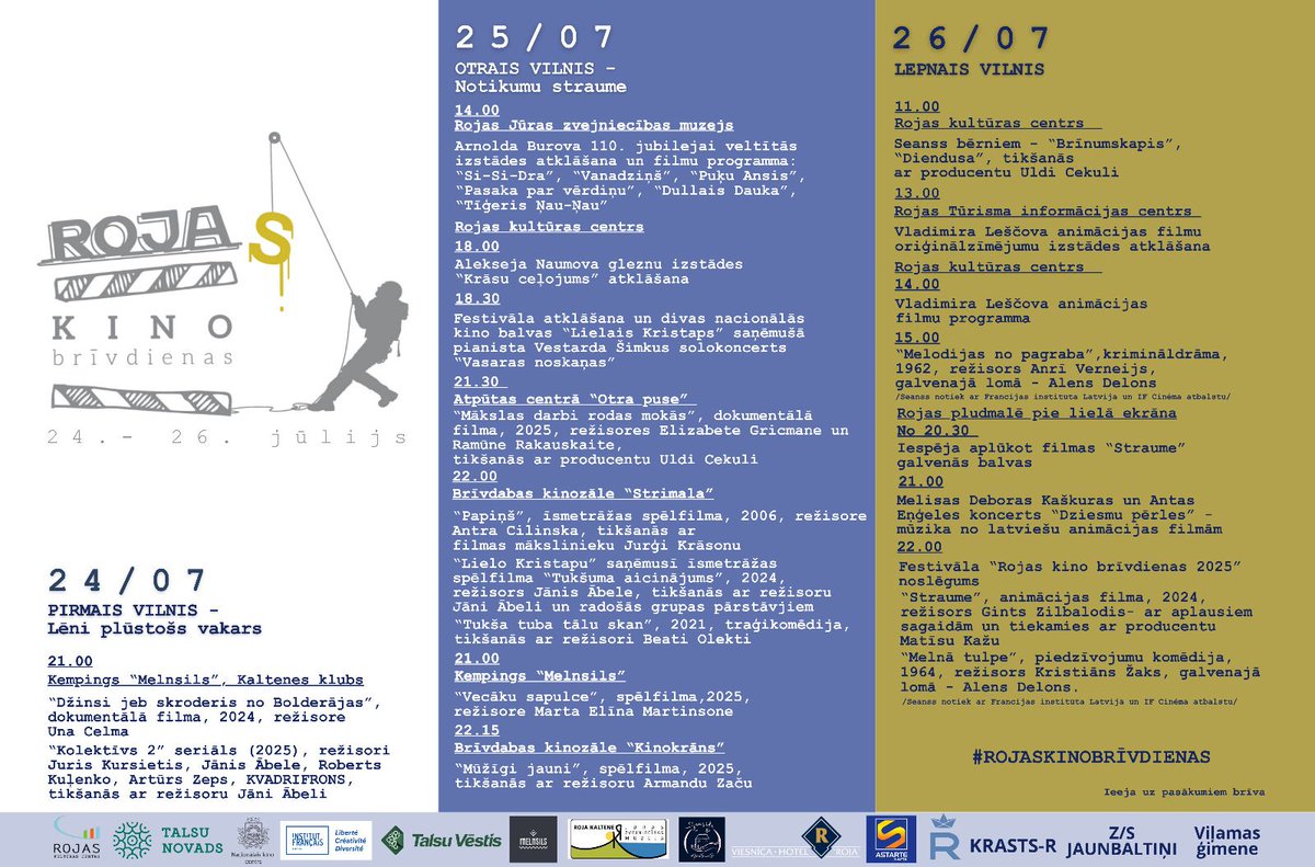 🥳Rojas Kino brīvdienas no 24. līdz 26. jūlijam ir klāt! 
Tevi sagaida kino, māksla, mūzika trīs dienu garumā!

🌊24.07. – Pirmais vilnis – lēni plūstošs vakars
🌊25.07. – Otrais vilnis – notikumu straume
🌊26.07. – Lepnais vilnis

#roja #talsunovads