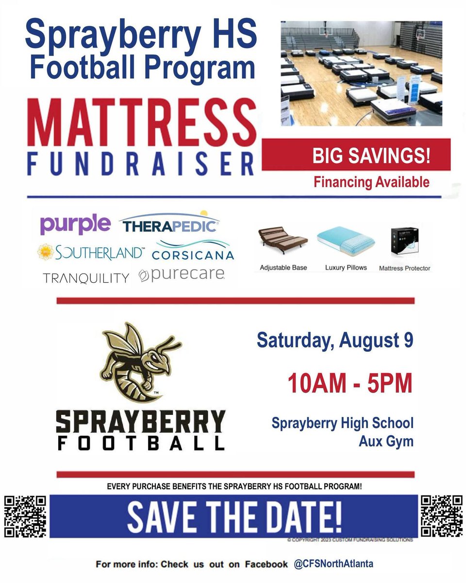 Save the Date: August 9th Mattress Fundraiser
EVERY purchase supports the Sprayberry HS Football program and the student-athletes on the team. You don't want to miss this unique event... we look forward to seeing you on August 9th!  GO JACKETS!! 🖤💛🐝🏈