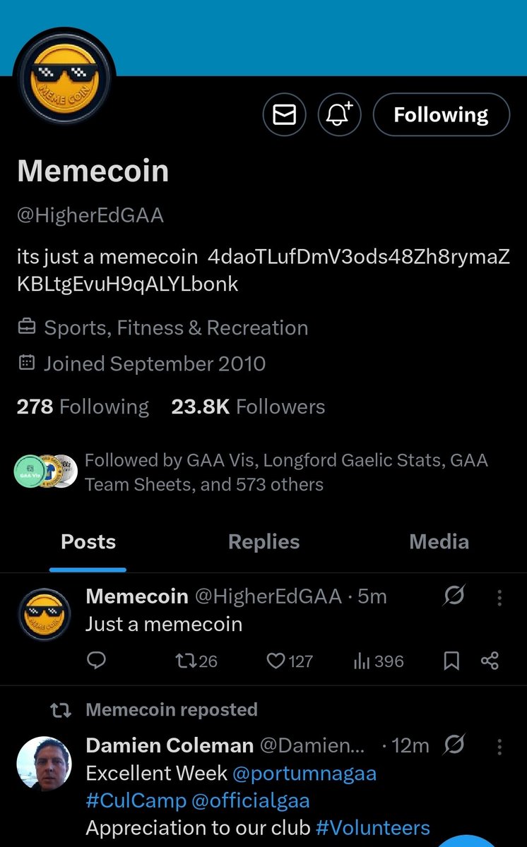 Unfortunately it looks like <a href="/HigherEdGAA/">Memecoin</a> has been compromised and hijacked. Hopefully the <a href="/officialgaa/">The GAA</a> can help out, it'd be a disaster for them to have to start again.