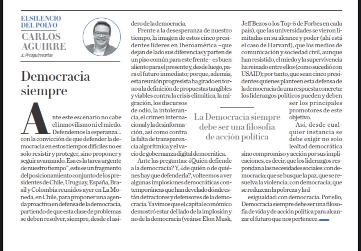 Los problemas públicos siempre debemos resolverlos con más democracia. 

La reunión de <a href="/GabrielBoric/">Gabriel Boric Font</a> <a href="/sanchezcastejon/">Pedro Sánchez</a> <a href="/petrogustavo/">Gustavo Petro</a> <a href="/LulaOficial/">Lula</a> y <a href="/OrsiYamandu/">Yamandú Orsi</a> es un aliento de esperanza en tiempos de implosiones democráticas 

¡Democracia siempre! amp.milenio.com/opinion/carlos…