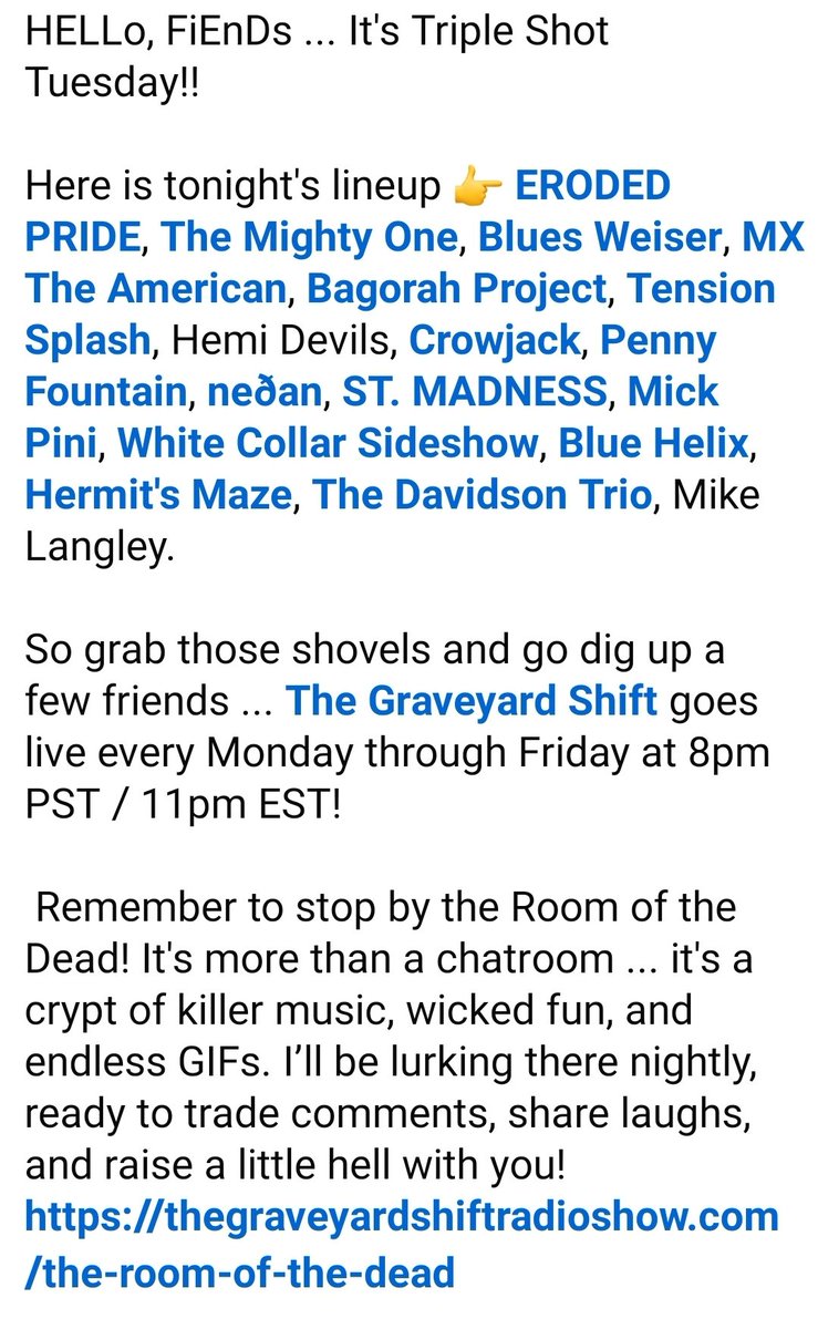 Catch us on tonight's The Graveyard Shift Triple Shot Tuesday. Live at 0am  Argentina 🇦🇷