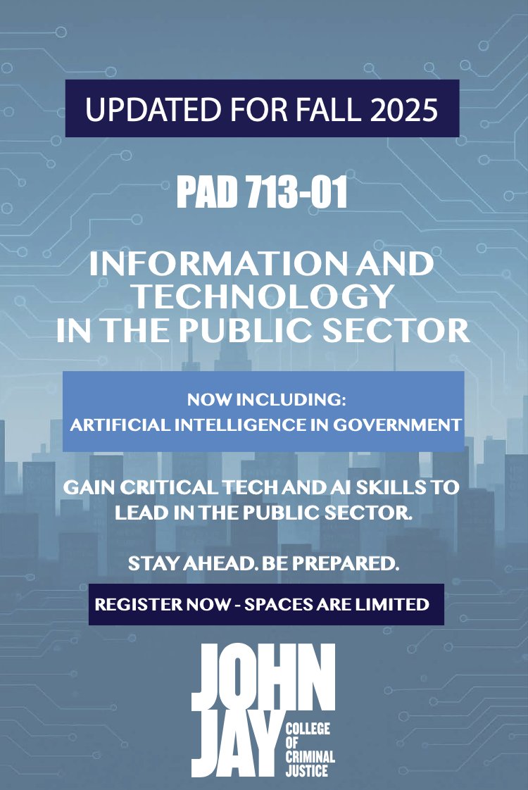 JJAYPublicManagement (@jjaypublicmgmt) on Twitter photo Eager to gain valuable tech and AI skills to thrive in the public sector? Don’t miss out on PAD 713-01, taught by <a href="/Prof_Wandt/">Adam Scott Wandt</a>.
📢 Secure your seat today on CUNYfirst!
#ArtificialIntelligence #PublicSector #MPA #CUNY #JohnJayCollege Eager to gain valuable tech and AI skills to thrive in the public sector? Don’t miss out on PAD 713-01, taught by <a href="/Prof_Wandt/">Adam Scott Wandt</a>.
📢 Secure your seat today on CUNYfirst!
#ArtificialIntelligence #PublicSector #MPA #CUNY #JohnJayCollege