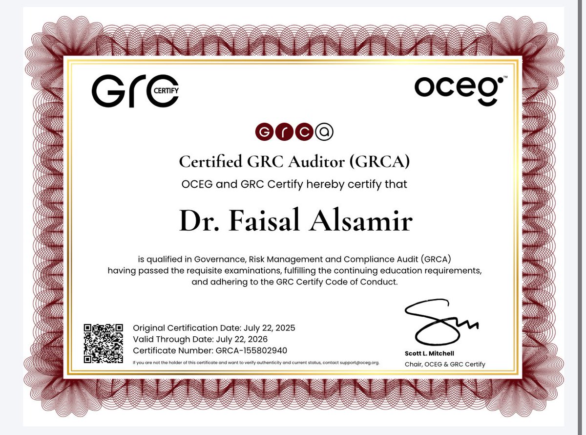بفضل الله وتوفيقه، تم الحصول على شهادة #مدقق معتمد في #الحوكمة #إدارة_المخاطر #الالتزام (GRCA)
Certified as a Governance, Risk Management, and Compliance Auditor (GRCA)
من <a href="/oceg/">OCEG</a> ، المنظمة العالمية المتخصصة في الحوكمة والمخاطر والالتزام (GRC)،
#GRC
#GRCA 
#OCEG