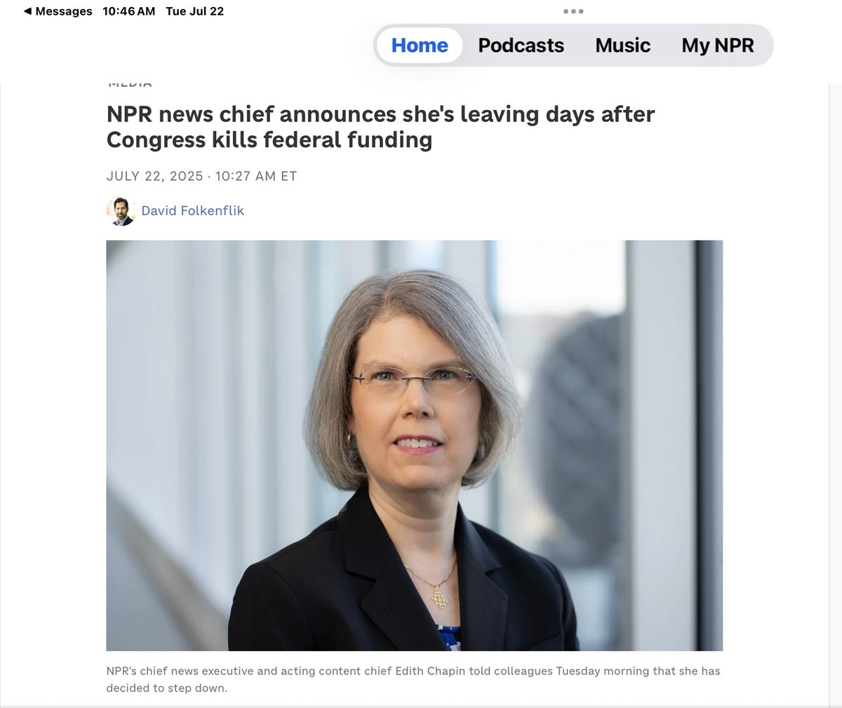 Deggans's tweet image. More news in the world of public media. NPR news chief Edith Chapin to step down days after Congress votes to strip funding. READ: loom.ly/9yJJq24