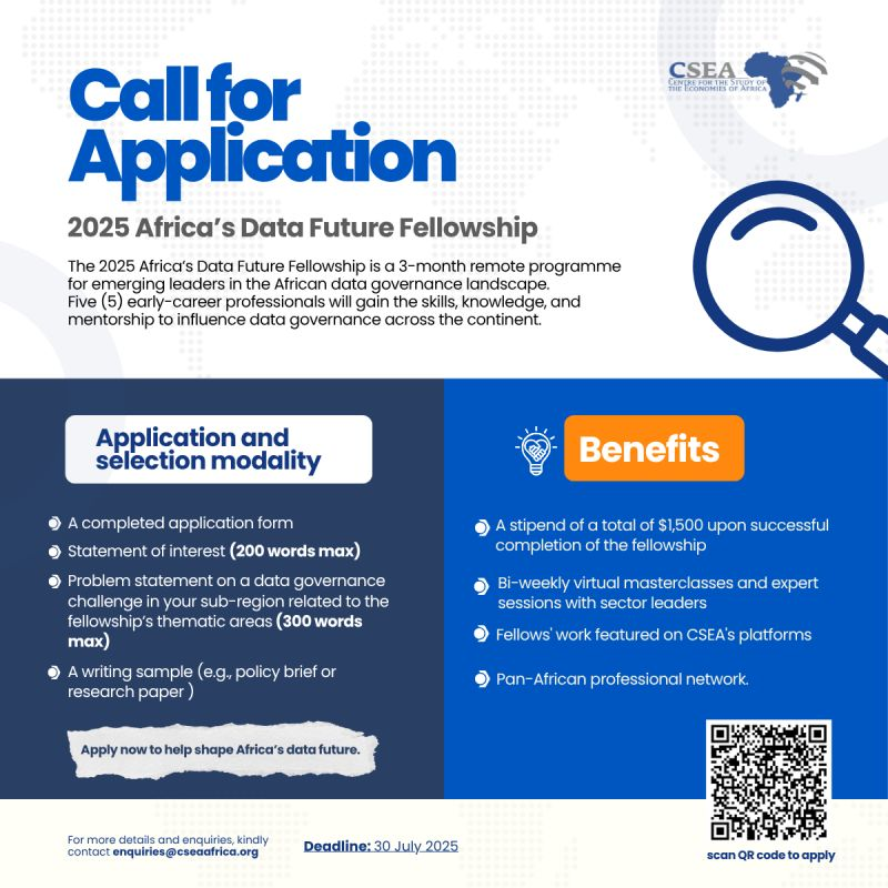 MESAmalaria's tweet image. 🚨 Applications Open!
@csea_afric is now accepting applications for the 2025 Africa’s Data Future Fellowship.
💻 A 3-month virtual programme for emerging leaders in data governance across Africa.
🗓 Starting in mid-August
Apply by July 30 👉 shorturl.at/Hp8pi