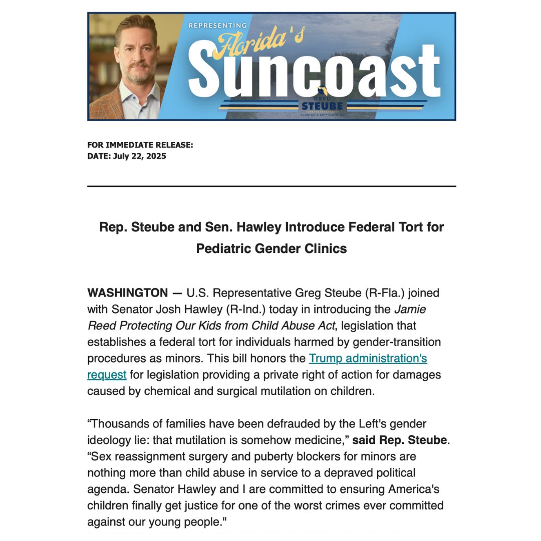 RepGregSteube's tweet image. Mutilation is not medicine. It’s evil. And children suffering from gender-transition procedures deserve the right to sue the so-called medical professionals who are responsible for their pain.
Today, I joined with @SenHawleyPress and @RepMaryMiller to establish a right of…
