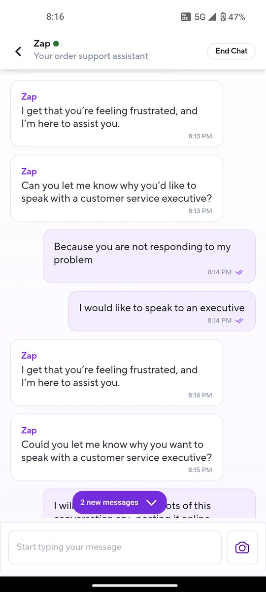 daktre97's tweet photo. @ZeptoNow @zeptocares your AI conversation chatbots suck. And it's not even trying to hide it. If you don't want to speak to your customers when there is an issue, just say that. Useless! https://t.co/QfZ3ExPcTb