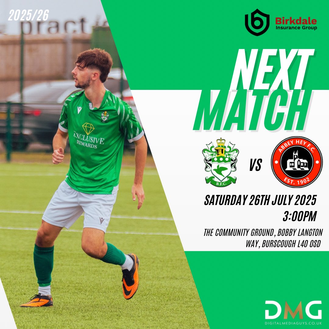 The 25/26 season is here as we welcome <a href="/AbbeyHeyFC/">Abbey Hey FC</a> to The Community Ground this weekend for the first game of the season…

🗓️Saturday 26th July
🆚<a href="/AbbeyHeyFC/">Abbey Hey FC</a> 
⏱️3:00pm K.O.
📍The Community Ground, L40 0SD

🎟️Adult £8 | Cons £6 | U16s £3
🍻1946 Lounge open from 12:30pm
🥧BFC