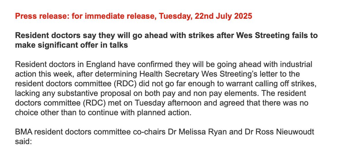 Rebeccasmt's tweet image. Resident doctor strikes to go ahead, @TheBMA says after crunch day talks fail
How will this play out for patients? Trusts told to maintain electives but will this hie emergency care?
Am told trusts struggling to find cover with consultants asking for BMA rates?