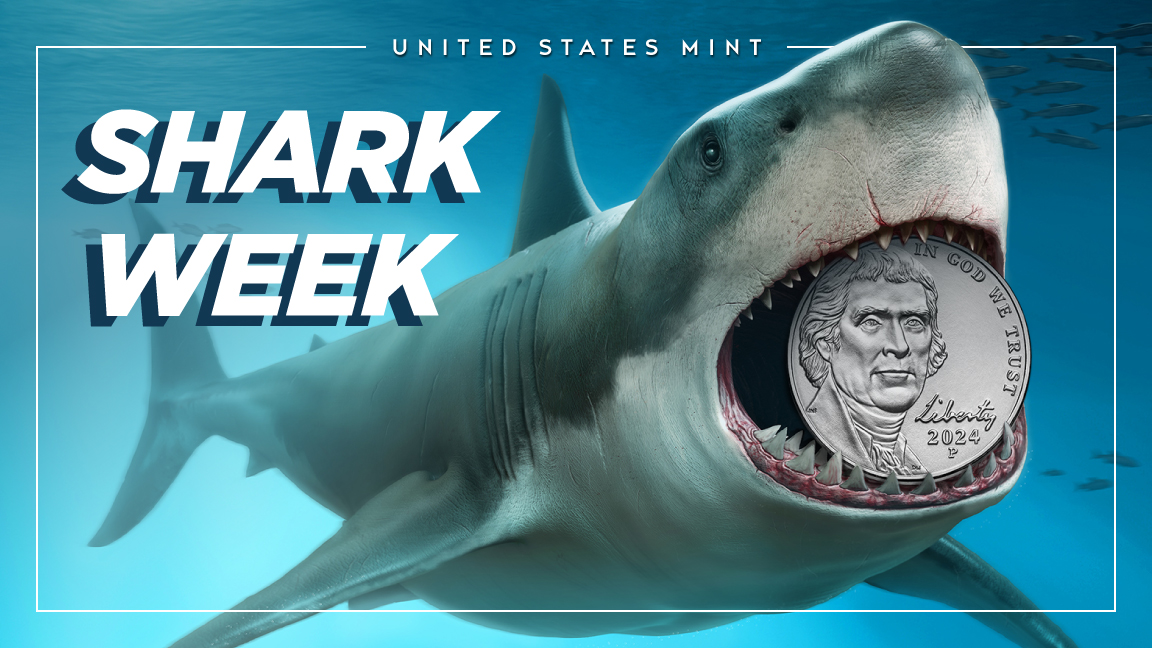usmint's tweet image. 🦈 Happy #SharkWeek!❓ #DYK the force required to strike a nickel is equivalent to the combined bite strength of 157 great white sharks? 😮Jaw-dropping, indeed.🪙