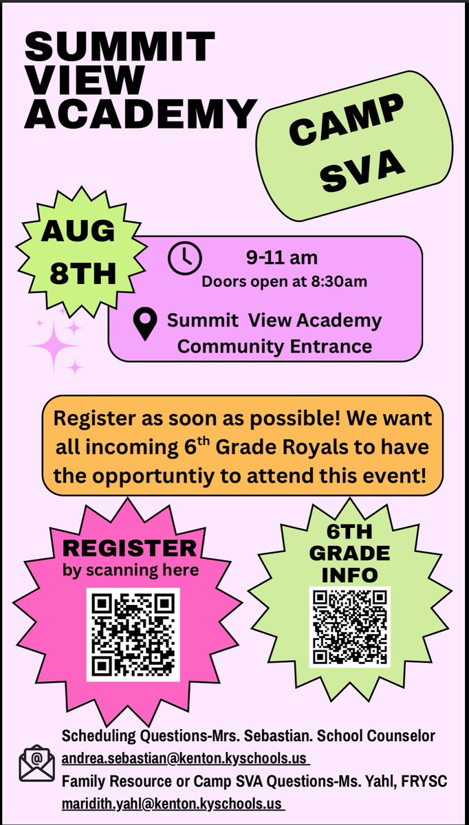 Camp SVA is happening August 8th from 9:00-11:00am with doors opening at 8:30am! See registration details below!
