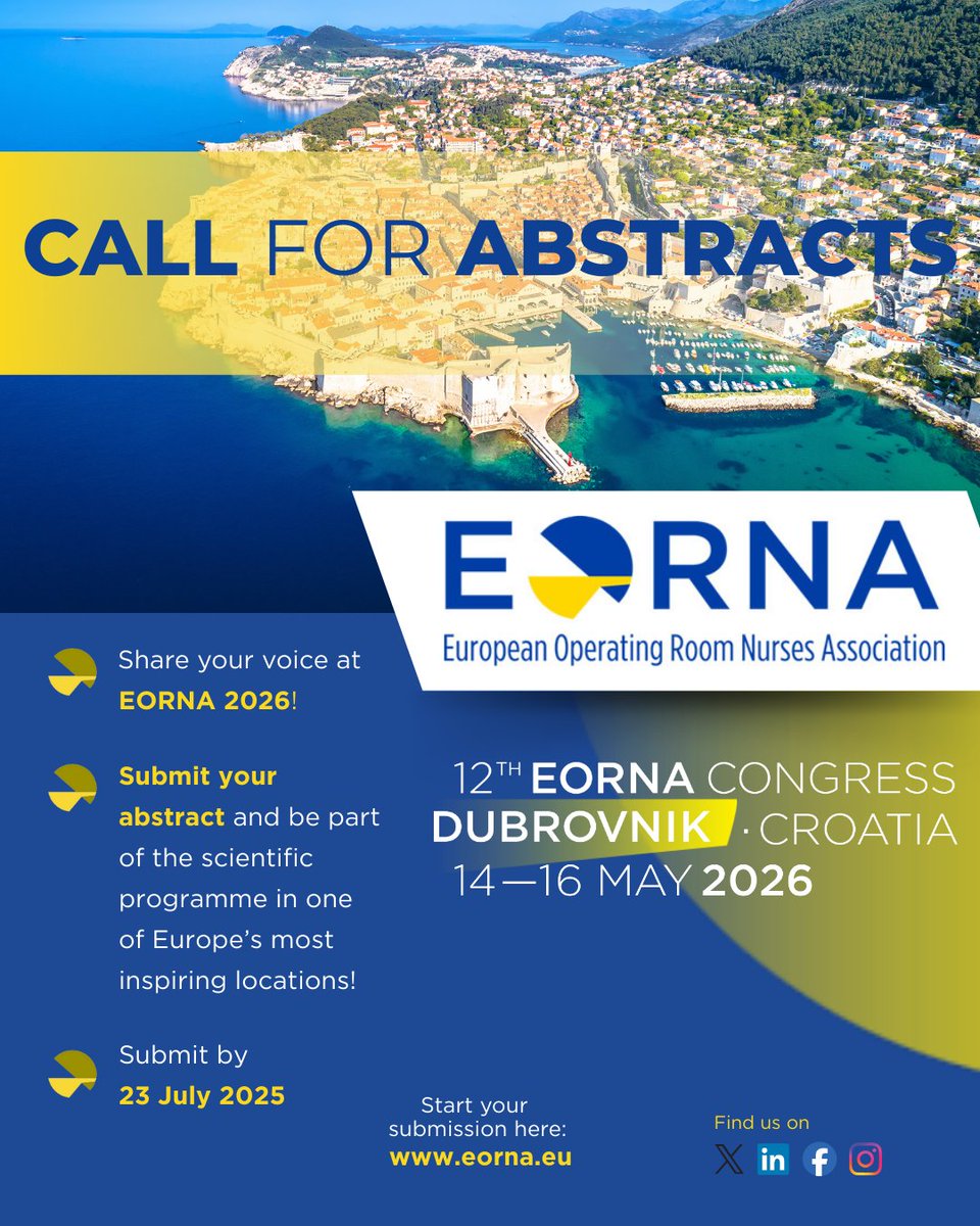 EORNA_Nurses's tweet image. 🚨 Deadline TOMORROW!
Submit your abstract to #EORNA2026 before it’s too late!
🌍 Showcase your work, meet peers, and help shape the future of OR nursing.
🔗 eorna2026.eu/call-for-abstr…
#LastCall #AbstractDeadline #ORNurses