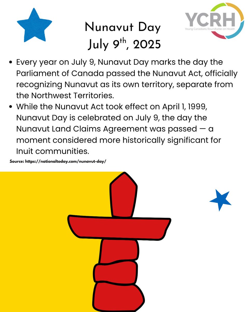 THEYCRH's tweet photo. July 9 was Nunavut Day. It was about celebrating Inuit culture, pride, and the importance of protecting their land and traditions.💛 Learn more about Nunavut’s history and join in recognizing this meaningful day!

#NunavutDay #InuitPride #IndigenousHistory #CanadaNorth https://t.co/5stUoAfWJC
