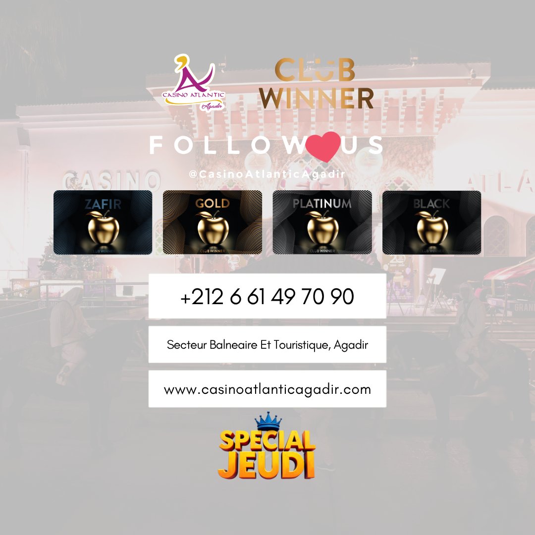 CasinoAtlanticA's tweet photo. 🎉 SPÉCIAL JEUDI – CLUB WINNER
Tous les jeudis, vibrez au rythme de notre Tombola exclusive !
🎟️ 6 tirages au sort à partir de 21h
🎁 Des cadeaux surprises
💰 Et des prix jusqu’à 10 000 Dhs à gagner
#SpecialJeudi #ClubWinner #CasinoAtlanticAgadir https://t.co/L0QHdHCvS4