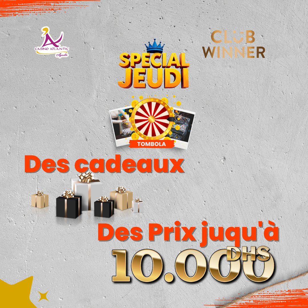 CasinoAtlanticA's tweet photo. 🎉 SPÉCIAL JEUDI – CLUB WINNER
Tous les jeudis, vibrez au rythme de notre Tombola exclusive !
🎟️ 6 tirages au sort à partir de 21h
🎁 Des cadeaux surprises
💰 Et des prix jusqu’à 10 000 Dhs à gagner
#SpecialJeudi #ClubWinner #CasinoAtlanticAgadir https://t.co/L0QHdHCvS4