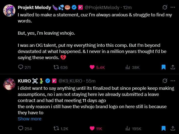 KazahanaEdits's tweet image. More VShojo Talent announcing they will be leaving the company.
Projekt Melody & Kuro, it truly is VShojoever