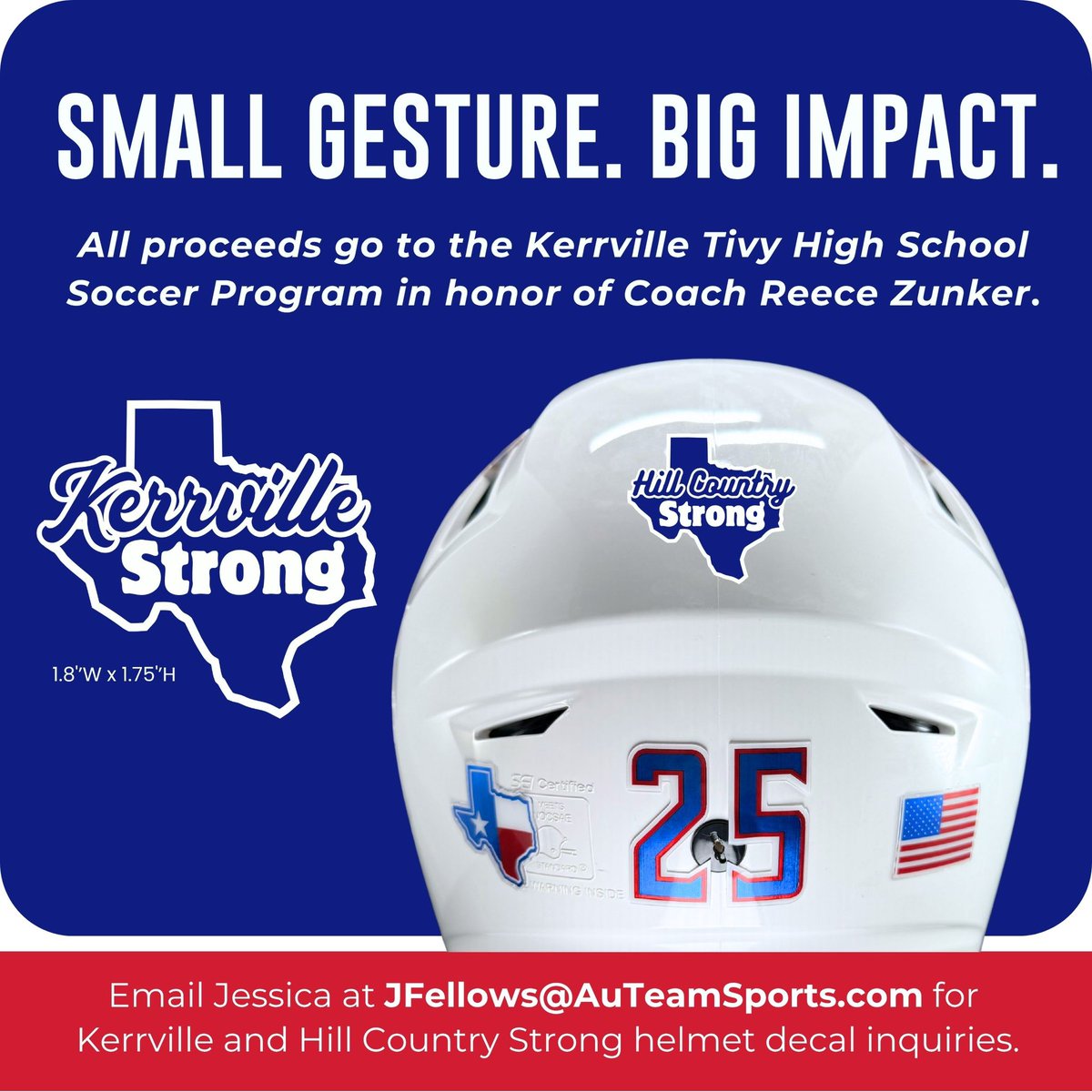 AuDesigns's tweet image. ⏰ The clock is ticking for helmet decal orders! Don’t wait until the 4th quarter. Order your helmet decals now to get them in time for game day. Fast turns, fresh looks, no stress.
Additionally, Kerrville Strong and Hill Country Strong helmet decals are available for teams who…