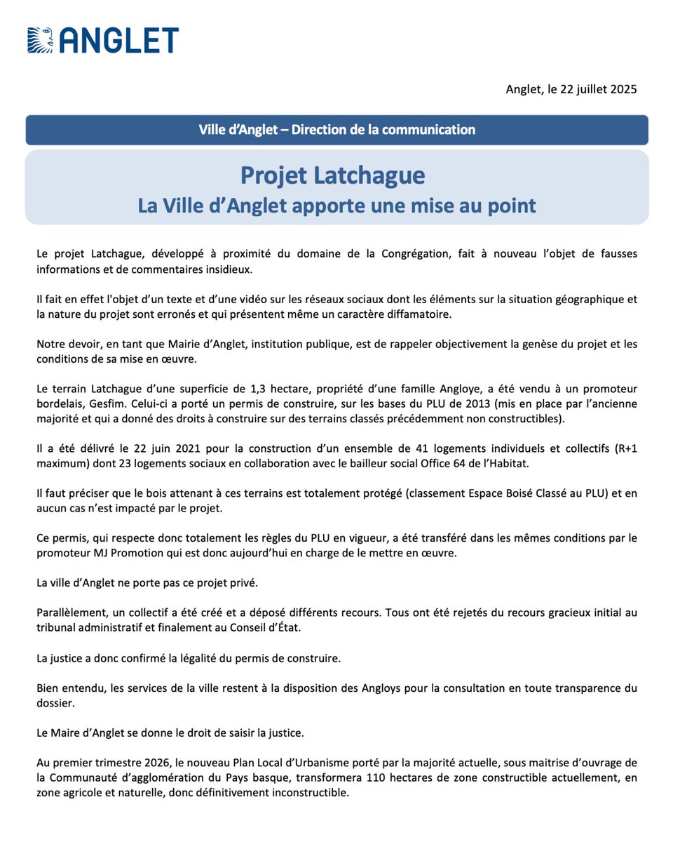 ℹ️Communiqué - Projet Latchague : la Ville d'Anglet apporte une mise au point