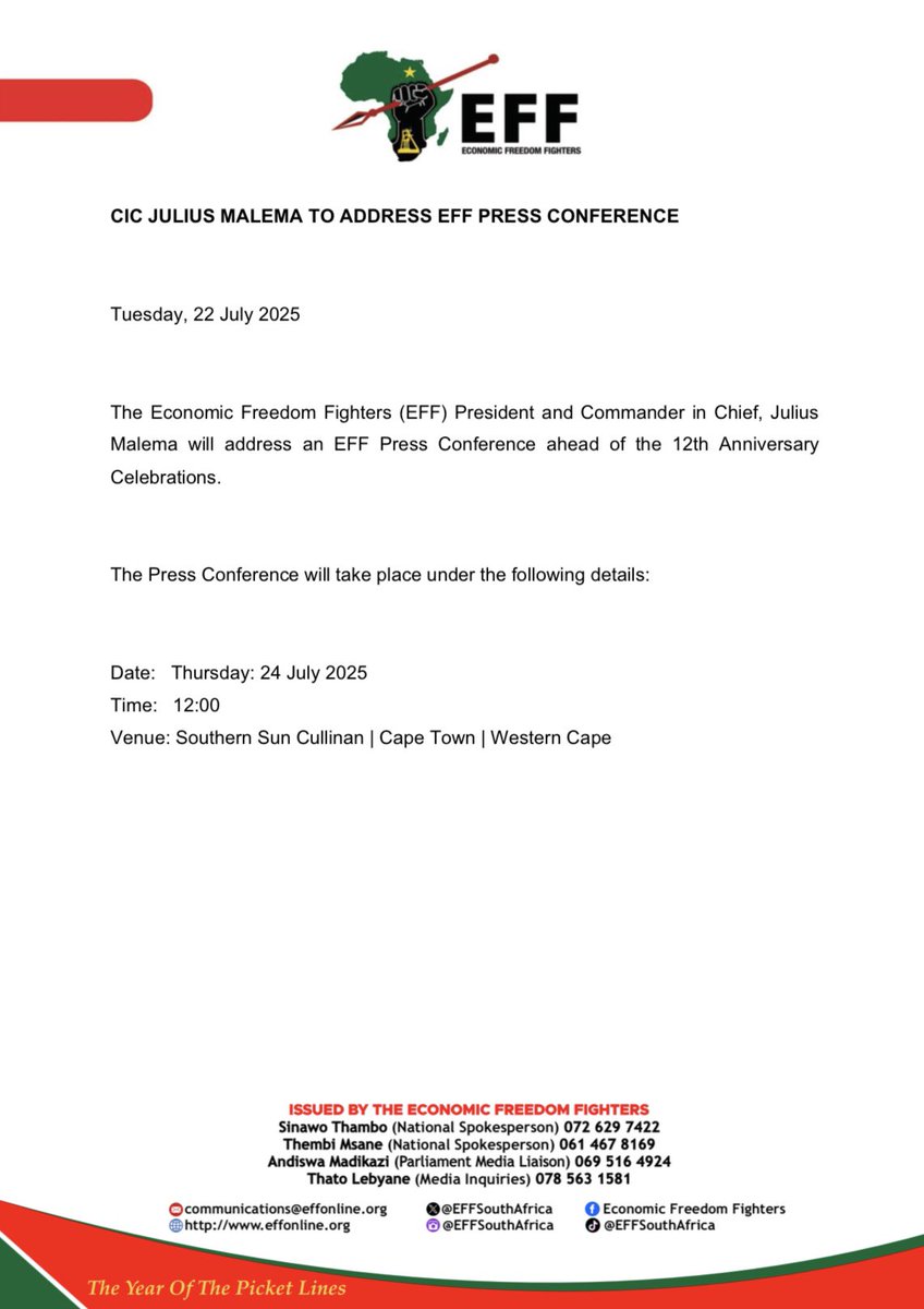 EFFSouthAfrica's tweet image. CIC @Julius_S_Malema To Address #EFFPresser
The Press Conference will take place under the following details:
Date: Thursday: 24 July 2025
Time: 12:00
Venue: Southern Sun Cullinan | Cape Town | Western Cape
