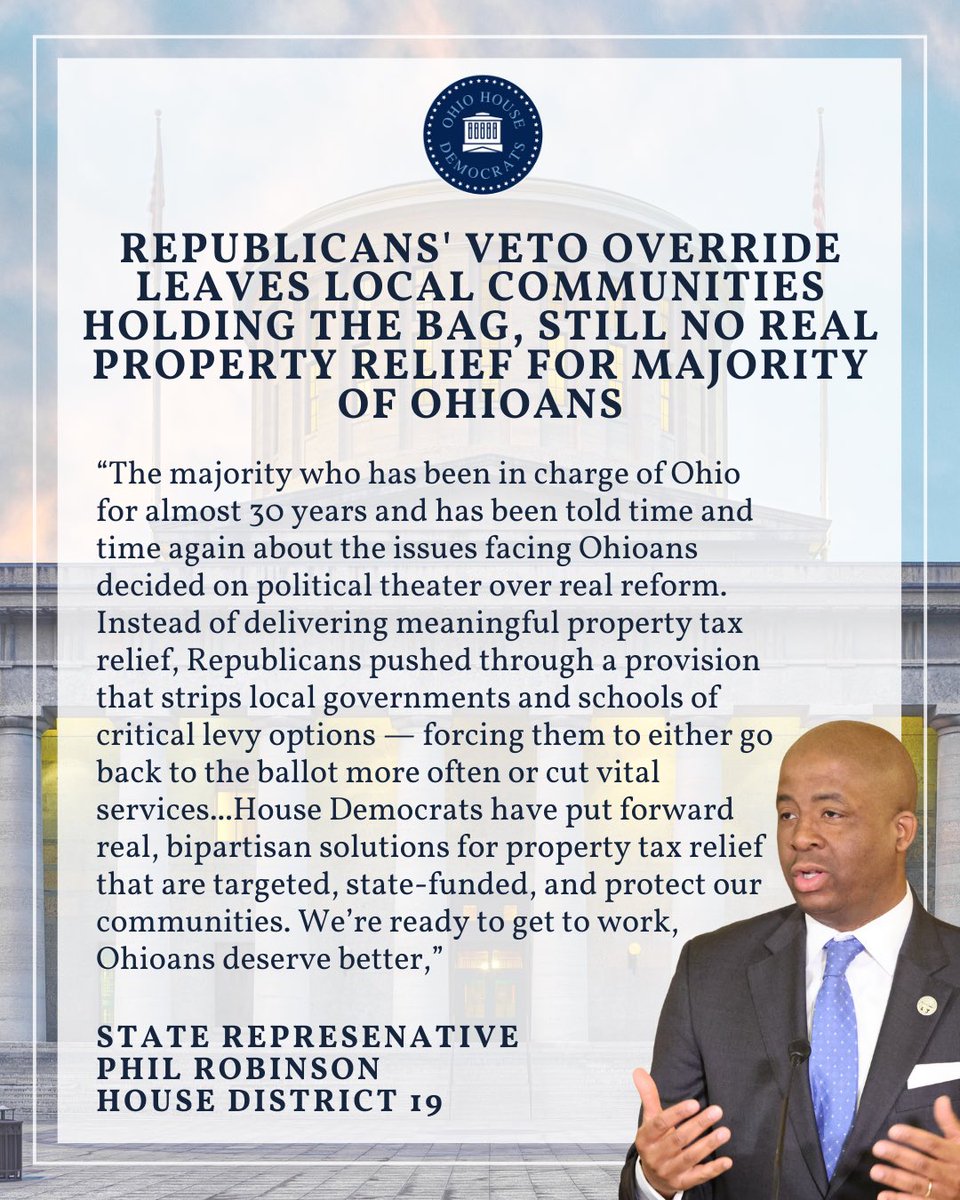 RepPhilRobinson's tweet image. Thanks to the powerful advocacy of our community, only one veto override reached a vote. Sadly, the majority chose political theater over delivering real relief.
📄 Full statement: ohiohouse.gov/members/philli…