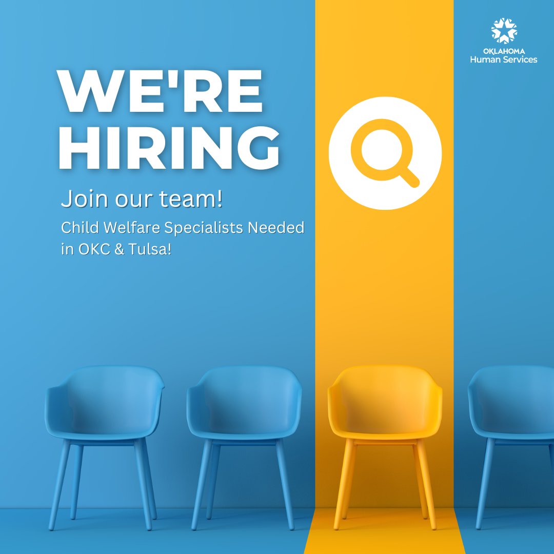 OKDHS's tweet image. 🌟 WE'RE HIRING! 🌟
Join Oklahoma Human Services as a Child Welfare Specialist in OKC & Tulsa!
💼 Competitive pay
📅 Weekly hiring events
🏥 Full benefits
Apply now & help shape brighter futures!
OKC:
…artmentofhumanservices.applytojob.com/apply/CFh18HMb…
Tulsa:
…artmentofhumanservices.applytojob.com/apply/N4NxT6Tv…
