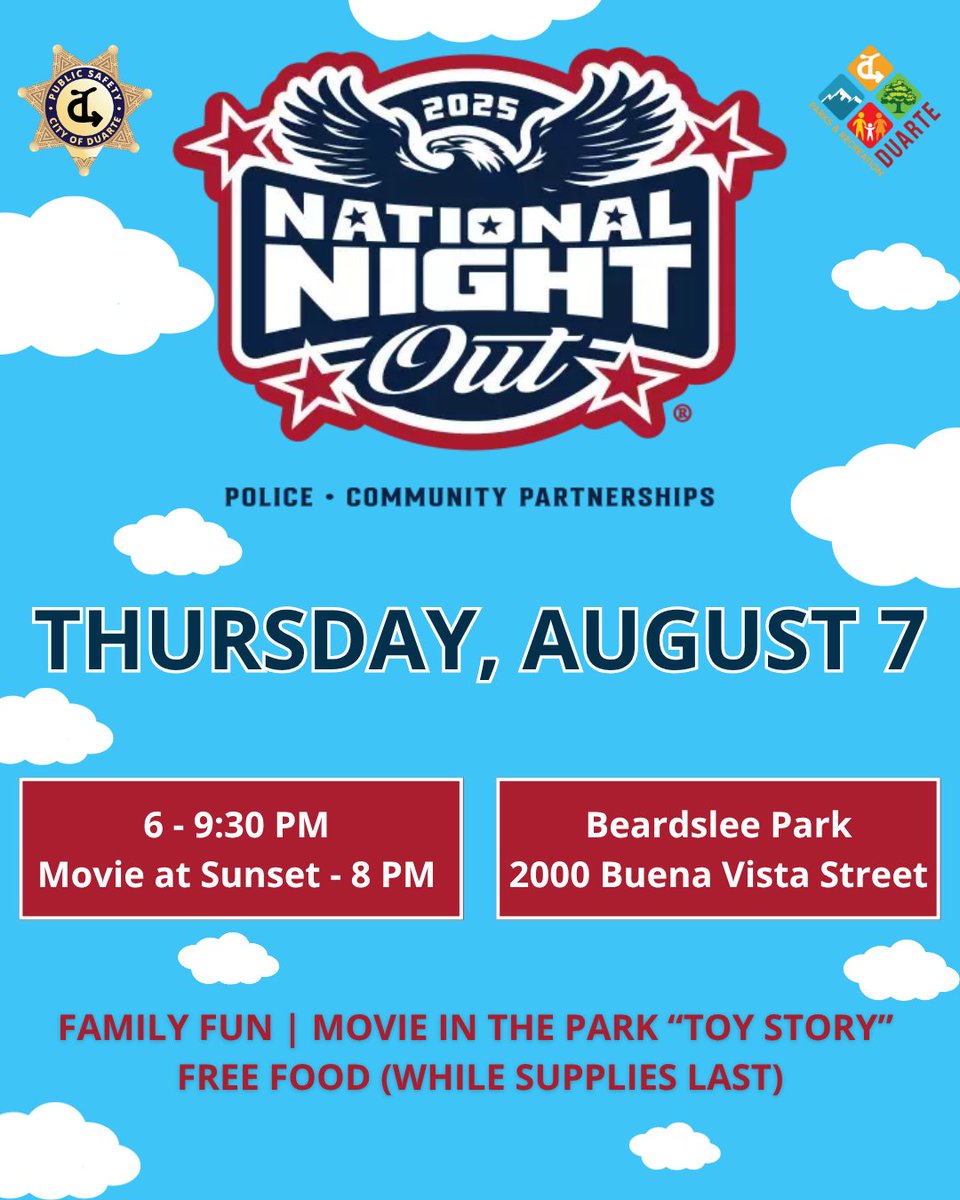 Join us for the 42nd Annual National Night Out on Thursday, August 7 from 6–9:30 PM at Beardslee Park (2000 Buena Vista Street) for an evening of community, fun, and connection with local law enforcement!

Enjoy:
• Free hot dogs, chips, and refreshments (while supplies last)
•