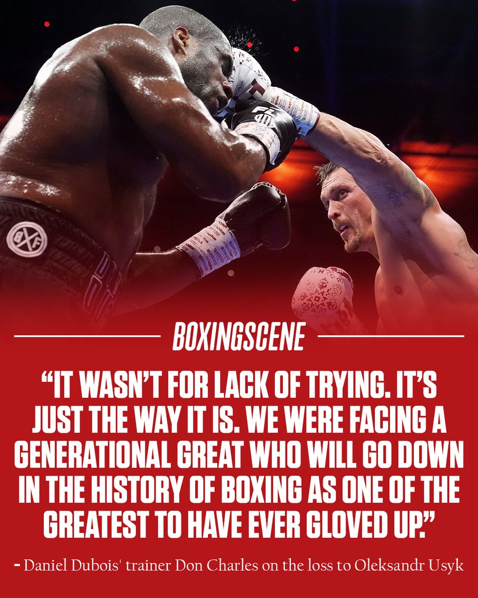 boxingscene's tweet image. Don Charles has spoken out after Daniel Dubois' defeat to Oleksandr Uysk 😅
Full story: ow.ly/WTU250Wtnq8
#Boxing #BoxingNews #Fight #OleksandrUsyk #DanielDubois #UsykDubois