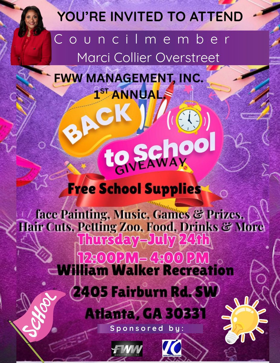Proud to partner with FWW Management, Inc. for the 1st Annual Back to School Giveaway. Join us Thursday, July 24th at William Walker Recreation for free school supplies, haircuts, games, music, food, and more. Let’s send our students back to school prepared and confident!