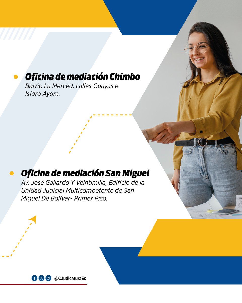 Centro de Mediación de la Función Judicial (@mediacioncj) on Twitter photo En Bolívar, el Centro de Mediación te espera para resolver tus conflictos sin juicios largos ni costosos.
📍Acércate a nuestras oficinas y vive una experiencia de justicia diferente.
🤝Mediamos, dialogamos, solucionamos.
<a href="/CJudicaturaEc/">Consejo de la Judicatura</a>
#MediaciónEc
#JusticiaEC En Bolívar, el Centro de Mediación te espera para resolver tus conflictos sin juicios largos ni costosos.
📍Acércate a nuestras oficinas y vive una experiencia de justicia diferente.
🤝Mediamos, dialogamos, solucionamos.
<a href="/CJudicaturaEc/">Consejo de la Judicatura</a>
#MediaciónEc
#JusticiaEC