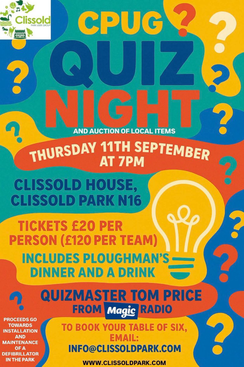 StokeyUpdates's tweet image. CPUG (@Clissoldpeople) Quiz Night returns to Clissold House on Thursday 11 September at 7pm. £120 per team of 6, includes quiz, Ploughman’s dinner and a drink. Booking via info@clissoldpark.com. Funds go towards a defibrillator for the park.