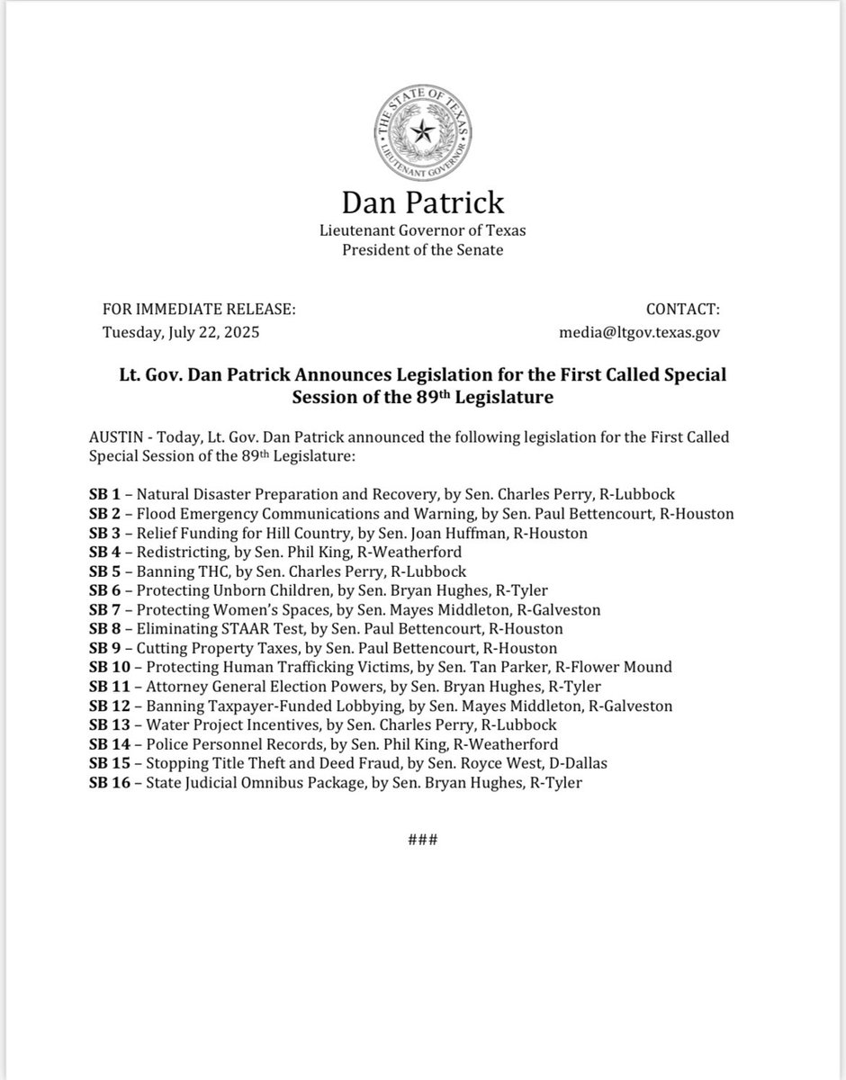 DylMcK14's tweet image. .@LtGovTX just released the 16 senate priority bills for the special session. Top 3 bill numbers assigned to Hill Country flooding relief and warning systems.