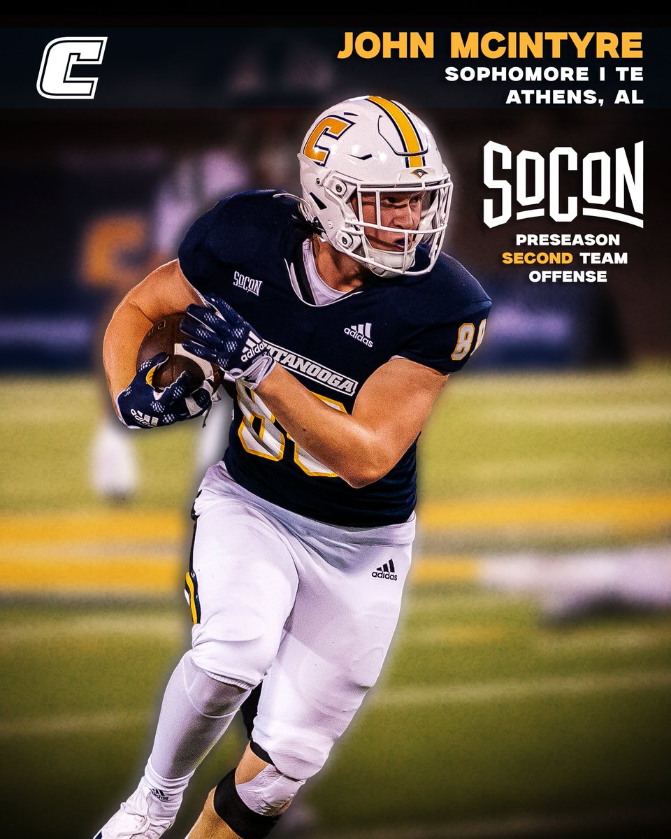 Chattanooga Football (@gomocsfb) on Twitter photo ๐ ๐๐๐๐๐๐ ๐๐๐๐ ๐
Sophomore TE <a href="/johnmcintyre04/">John McIntyre</a> has been named to the Preseason All-<a href="/SoConSports/">The Southern Conference</a> Second Team ๐ช
#GoMocsFB | #ClimbTheMtn ๐ ๐๐๐๐๐๐ ๐๐๐๐ ๐
Sophomore TE <a href="/johnmcintyre04/">John McIntyre</a> has been named to the Preseason All-<a href="/SoConSports/">The Southern Conference</a> Second Team ๐ช
#GoMocsFB | #ClimbTheMtn