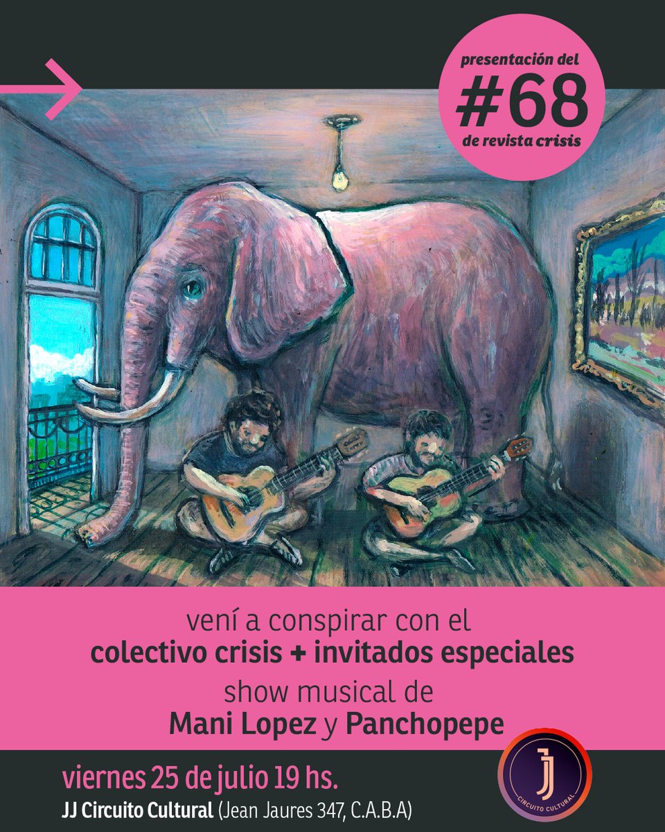 El viernes vení a conspirar con el colectivo editorial de crisis + invitadxs especiales en la presentación del nuevo número. 

🎸Además, show musical a cargo de Mani Lopez y <a href="/panchopepe2001/">panchopepe2001</a> 

Viernes 25 de julio 19 hs
📍 <a href="/JjCircuito/">JJ Circuito Cultural</a> (Jean Jaures 347, CABA)