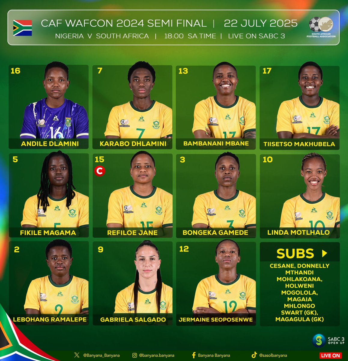 Banyana_Banyana (@banyana_banyana) on Twitter photo This is how <a href="/Banyana_Banyana/">Banyana_Banyana</a> will line-up against Nigeria in the semi-final of WAFCON 2024
#BanyanaBanyana This is how <a href="/Banyana_Banyana/">Banyana_Banyana</a> will line-up against Nigeria in the semi-final of WAFCON 2024
#BanyanaBanyana