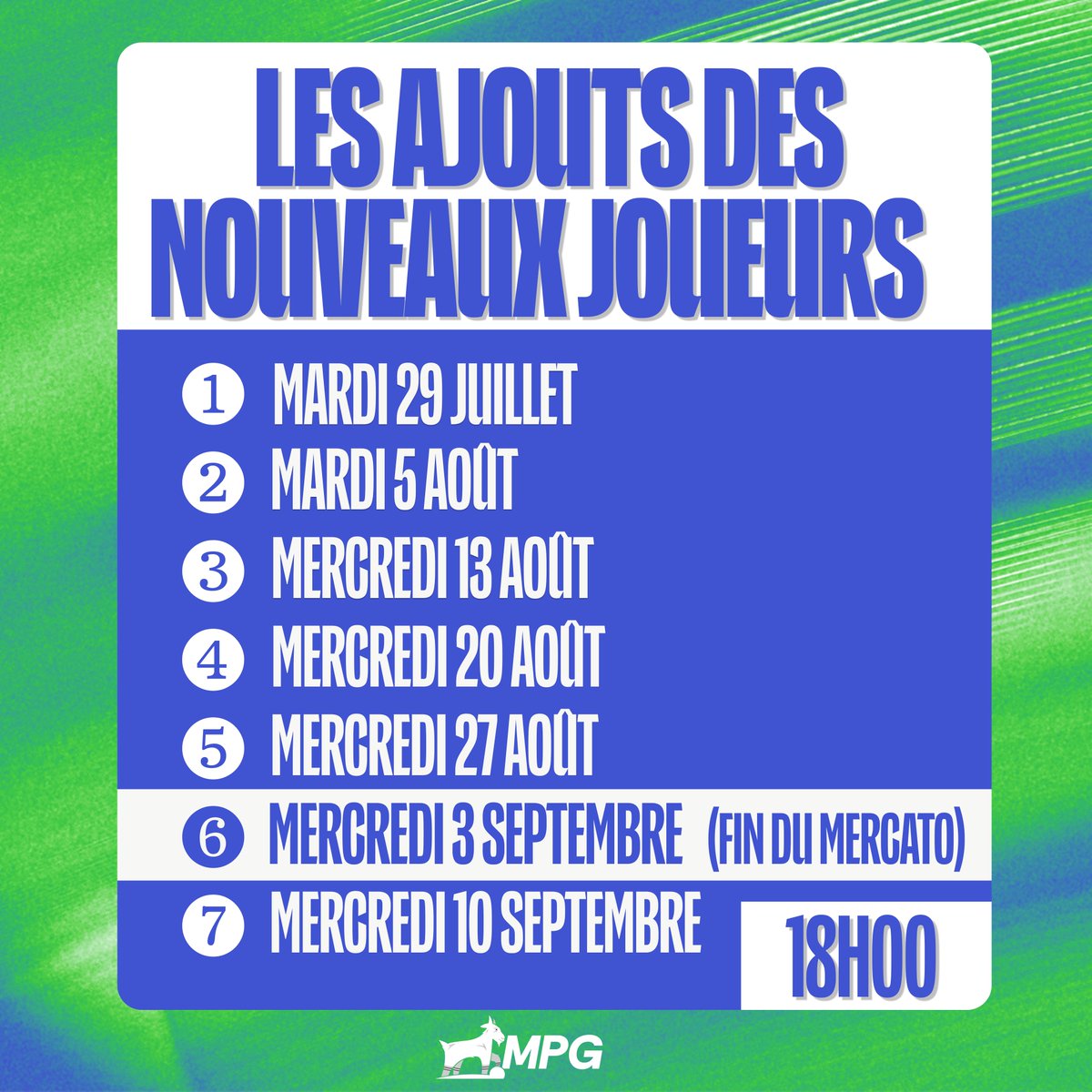MonPetitGazon's tweet photo. 🗓️ Les calendriers 

On vous prépare 7 séquences d'ajouts (et de sorties de joueurs), en milieu de semaine, entre le 29/07 et le 10/09. 

Le rythme : une par semaine, pour vous permettre d'acheter les dernières recrues en douce et en profiter le week-end. 

Rappel : pour que le joueur entre, il faut une officialisation, puis un ajout chez notre prestataire.