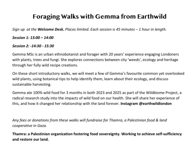 plandpolicy's tweet image. This year at the #London #Land #Justice Fair Gemma from Earthwild will be doing foraging walks around the park. Any proceeds from the walks will go to Thamra a Palestinian land and food coop in #Gaza. Sunday 27th July, Myatt’s Fields Park