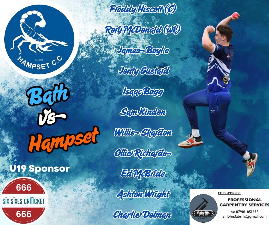 Hampset Cricket Club (@hampsetcc) on Twitter photo Final u19 game tonight vs Bath down at North Parade!
A win should take the boys through to the next round
Thanks to team sponsor
<a href="/SixSixesCricket/">SixSixesCricket</a> Final u19 game tonight vs Bath down at North Parade!
A win should take the boys through to the next round
Thanks to team sponsor
<a href="/SixSixesCricket/">SixSixesCricket</a>