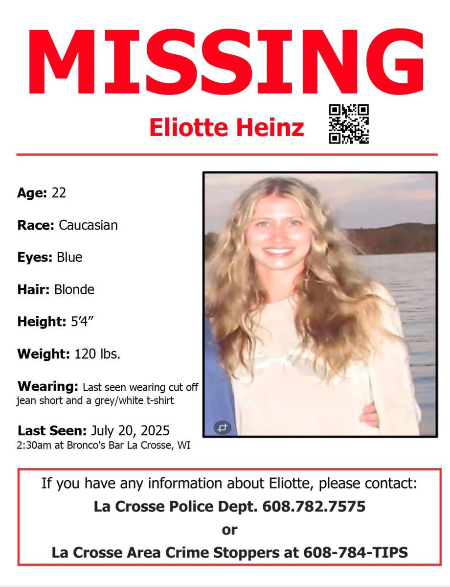 901Lulu's tweet image. Eliotte Heinz (22) was last seen around 3:22am on July 20th in La Crosse, Wisconsin. She was walking southbound on the 500 Block of Front Street. Police are using drones and dive teams to search the Mississippi River. #MissingPerson