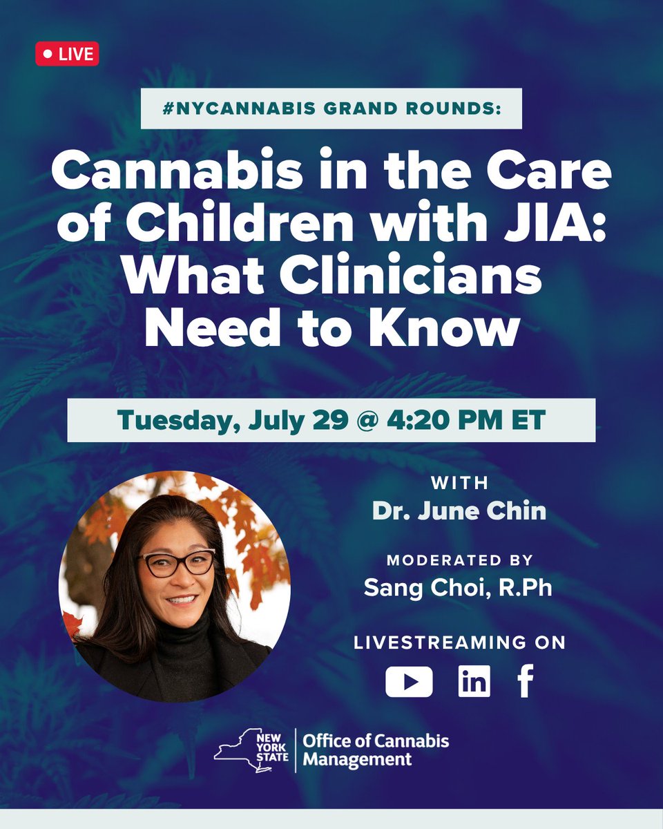 nys_cannabis's tweet image. Join the Office on Tue, 7/29 at 4:20 PM ET for #NYCannabis Grand Rounds with Dr. Chin, as she shares current evidence on cannabinoid use in children, and the risks and responsibilities involved in clinical guidance.
➡️ Register now and submit your questions:…